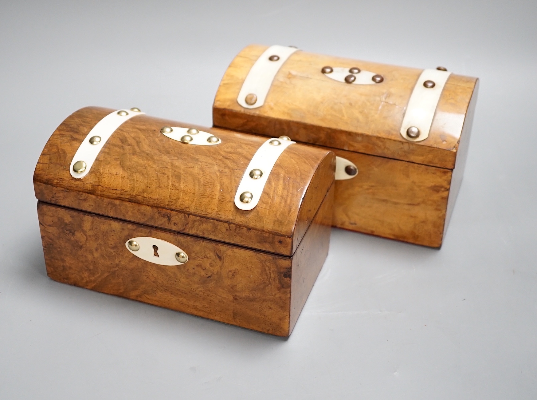Two 19th century ivory mounted walnut dome topped tea caddies 20cm